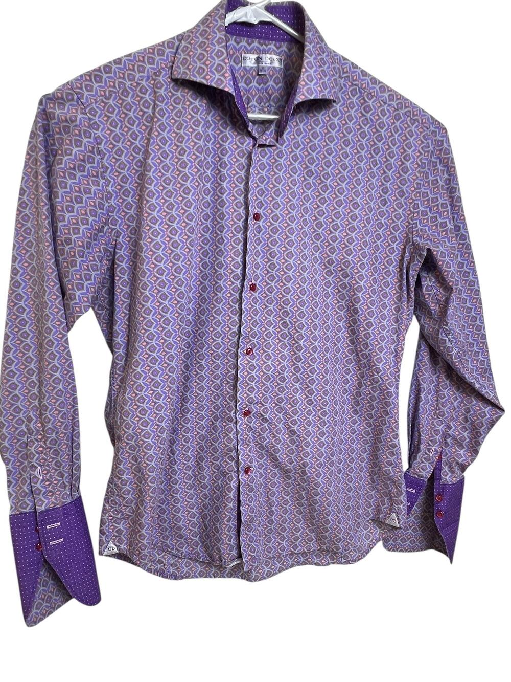 Coton Doux Shirt Mens 42 Large Multicolor Geometric Pattern French Dress Dapper